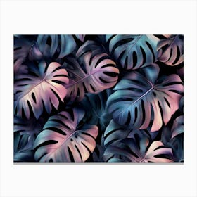 Tropical Seamless Pattern with Monstera, Palm Leaves on Dark Background Canvas Print