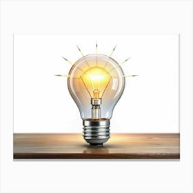 Light Bulb Glowing On A Wooden Table Canvas Print