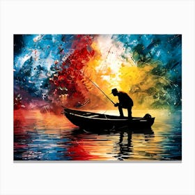 Silhouette of a man fishing on boat - Acrylic oil painting  #1 Canvas Print