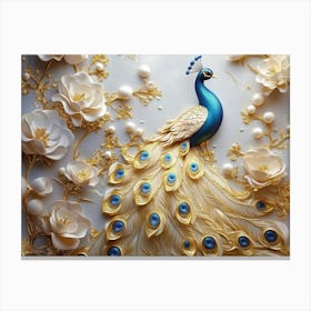 3d Peacock with Golden Jewelry and Flowers 1 Canvas Print