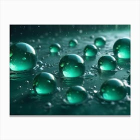 Numerous Emerald Green Water Drops, Some Forming Perfect Spheres, Sit On A Reflective Surface With Smaller Droplets Raining Down Canvas Print