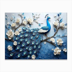 3d Blue Peacock On Branch With Flowers 2 Canvas Print