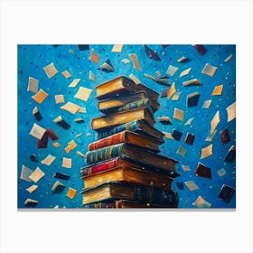 A Captivating Art Piece Featuring A Towering Stack Of Books With Flying Letters 1 Canvas Print