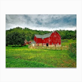 Red Barn Near Forest, Oil Painting Canvas Print