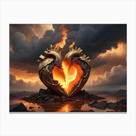 A Dramatic Scene Of Two Golden Hearts On Fire Against A Stormy Sky Canvas Print