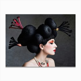 Side Profile Of A Woman Infused With Surreal Elements Rhubarb Stalks Entwined In Her Hair Black Ci Canvas Print