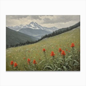 Vintage Oil Painting of indian Paintbrushes in a Meadow, Mountains in the Background 4 Canvas Print