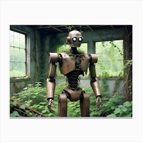 A Rusty, Vintage Robot Stands Amidst Overgrown Vines And Plants Inside An Abandoned, Decaying Building Canvas Print