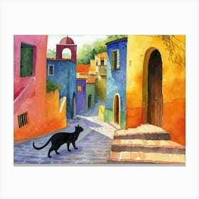 Black Cat In Latina, Italy, Street Art Watercolour Painting 2 Canvas Print