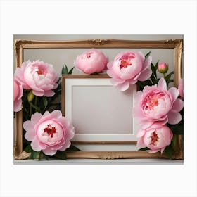 Pink Peonies Surrounding A Blank Picture Frame With A Gold Ornate Frame Canvas Print