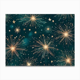 Abstract Background With Stylized Fireworks In Gold Against A Dark Green Background With Scattered Gold Stars 2 Canvas Print