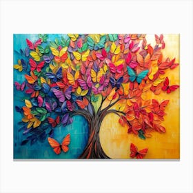 Colorful Tree With Vivid Leaves And Butterflies Painted In Beautiful 3d Abstract Canvas Print