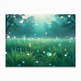 A Grassy Field With Glowing Lights That Resemble Fireflies Canvas Print