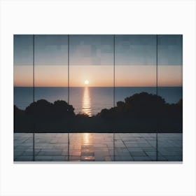 View Of A Sunset Over The Ocean From A Large Window Canvas Print