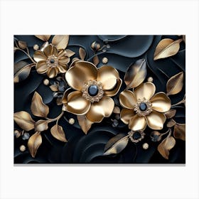 3d Golden Jewelry Flowers in Black Canvas Print