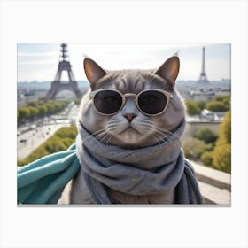 Cool Cat Wearing Sunglasses And Scarf With The Eiffel Tower In The Background 2 Canvas Print