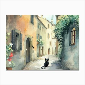 Black Cat In Brescia, Italy, Street Art Watercolour Painting 3 Canvas Print