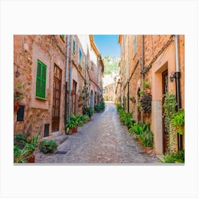 Beautiful street at the mediterranean village of Valldemossa on Majorca Spain. Wander through beautiful streets lined with historic buildings adorned with blooming flowers and lush plants. Admire the intricate architecture and facades of the old houses, and feel the romance in the air. Canvas Print