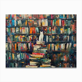 White Cat In The Library - Standing On A Rack Of Books Canvas Print