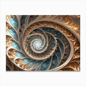 Intricate Fractal Spiral With Ornate Details In Gold, White, And Teal, Creating A Sense Of Depth And Dimension Canvas Print