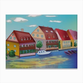 Landscape With Houses On The River Regnitz And Boats In The Town Of Bamberg In Germany Canvas Print