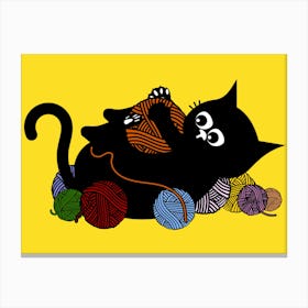 Black Cat Playing With Yarn Canvas Print