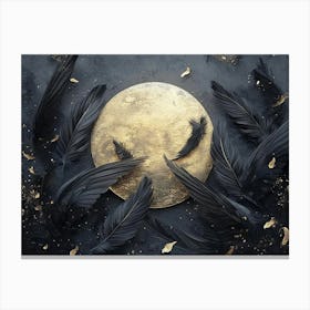 3d Art Dark Gray Background, Golden and Black Feathers for the Moon Canvas Print