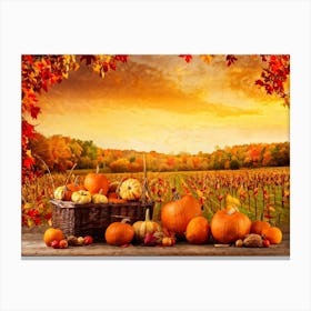 Autumnal Farm Landscape Pumpkins And Cornstalks Surround A Rustic Wooden Basket Filled With Apples (2) Canvas Print