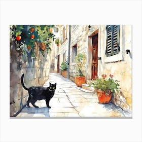Dubrovnik, Croatia   Cat In Street Art Watercolour Painting 1 Canvas Print