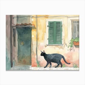 Black Cat In Rimini, Italy, Street Art Watercolour Painting 3 Canvas Print