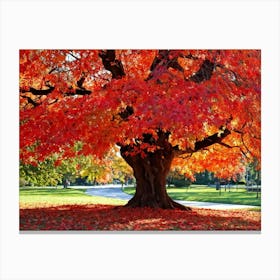 An Autumn Oak Tree Abundantly Lit Branches Spreading Widely Spanning A Slim Sleek Card Leaves Bla (6) Canvas Print