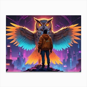 A Young Man Stands Before A Giant, Glowing Owl In A Futuristic Cityscape Setting Canvas Print