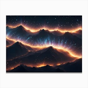 A Dramatic Landscape Of Mountains Lit By Glowing Streaks Of Light Against A Starry Night Sky Canvas Print