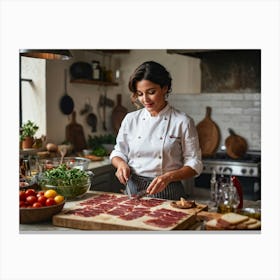 Candid Shot Of A Sophisticated Female Chef Just Slicing Up The Buttery Raw Bacon For A Tasting Ital (5) Canvas Print