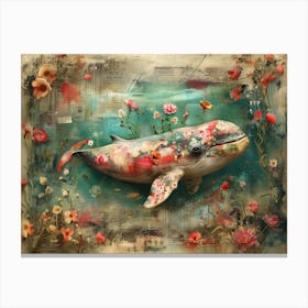 White whale In Flowers. Vintage style illustration. Wall art 04 Canvas Print
