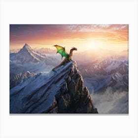 Iridescent Dragon Perched Atop A Snow Capped Mountain Peak Scales Shimmering With A Spectrum Of Col Canvas Print