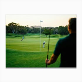 Evening Glow Softly Embracing A Serene Golf Course As A Golfer Swings A White Driver Amidst The Acti (3) Stampe su tela