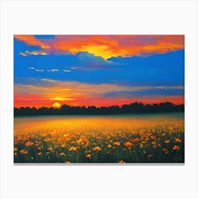Sunset Over A Field Of Yellow Flowers Canvas Print