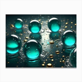 Several Teal Spheres Rest On A Reflective Surface With Smaller Gold Spheres And Droplets Scattered Around, Creating A Luxurious And Scientific Feel Canvas Print