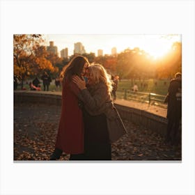 Best Friends Embracing In A Warm Hug Their Smiles Radiant Against The Backdrop Of A Bustling Urban (3) Canvas Print