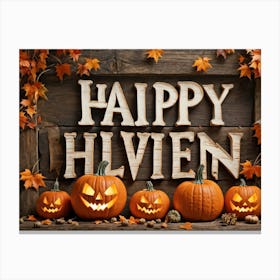 Autumn Themed Word Art Featuring The Word Happy Halloween In A Creative Rustic Stack As If Carve (1) Canvas Print