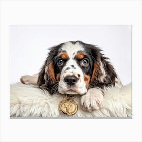 English Spaniel Puppy Lying On Soft White Fur In A Closeup Portrait Adorned With A Gold Collarcol (3) Toile