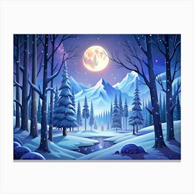 Winter Wonderland With Full Moon, Snowy Trees, And Mountains Canvas Print