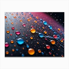 Close Up Shot Of Colorful Water Droplets On A Dark Surface Canvas Print