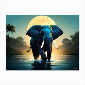 Elephant Bull at Full Moon Crossing a River in minimal Water Art Color Canvas Print