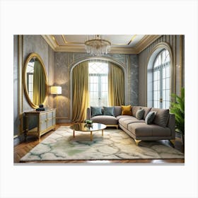 Elegant Living Room With Golden Accents And Green Curtains Canvas Print