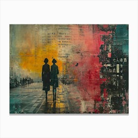 Temporal Resonances: A Conceptual Art Collection. Two People Walking In The Rain Canvas Print