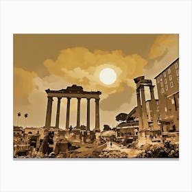 Picturesque scene of ancient Roman ruins bathed in the warm glow of a setting sun. The ruins, consisting of towering columns and arches, stand majestically against a backdrop of a cloudy sky. The sun, a large, bright orb, hangs low in the sky, casting long shadows across the scene. Canvas Print