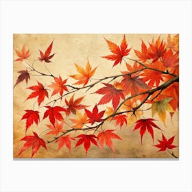 Watercolor Painting Of Red And Orange Maple Leaves On Grunge Background Canvas Print