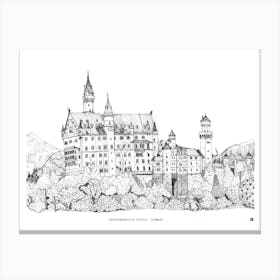 Neuschwanstein Castle - Bavaria Landscape Sketch - Fine Line Germany Travel Art Canvas Print